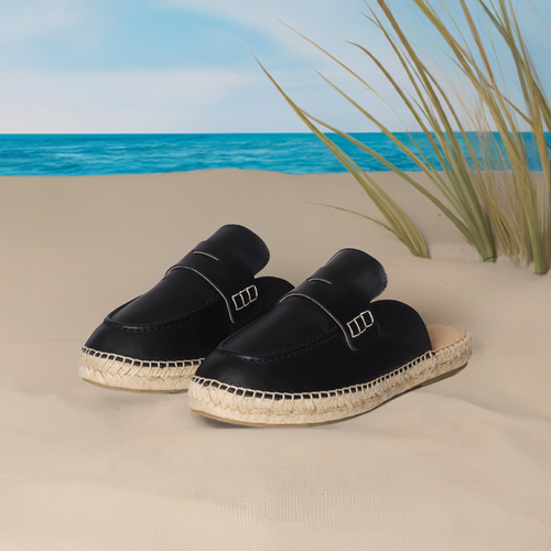 Esme - Wide Fit Espadrille Loafer Sliders - Black Leather