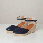 Emily - Wide Fit Wedge Espadrille - Navy Leather