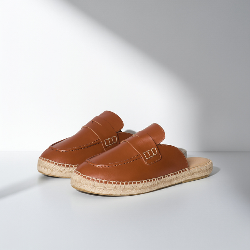 Esme - Wide Fit Espadrille Loafer Sliders - Tan Leather