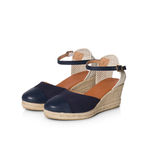 Emily - Wide Fit Wedge Espadrille - Navy Leather