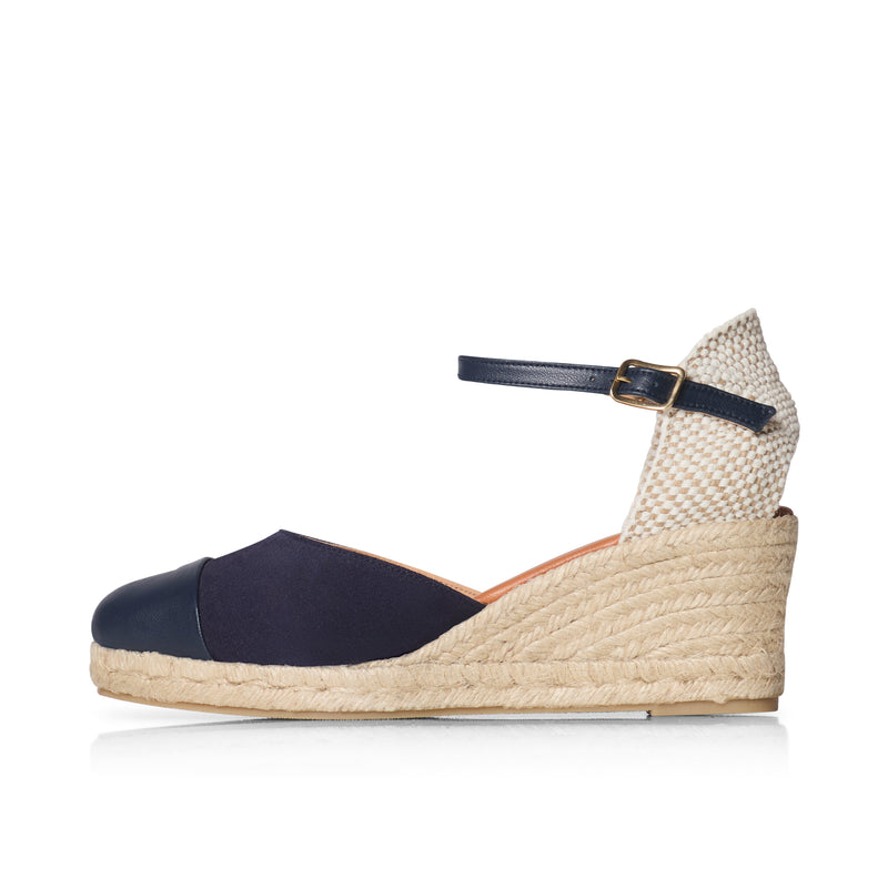 Emily - Wide Fit Wedge Espadrille - Navy Leather