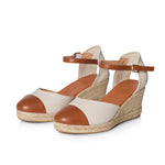 Emily - Wide Fit Wedge Espadrille - Cream & Tan Leather