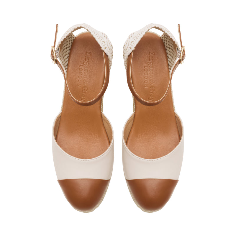 Emily - Wide Fit Wedge Espadrille - Cream & Tan Leather