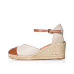 Emily - Wide Fit Wedge Espadrille - Cream & Tan Leather