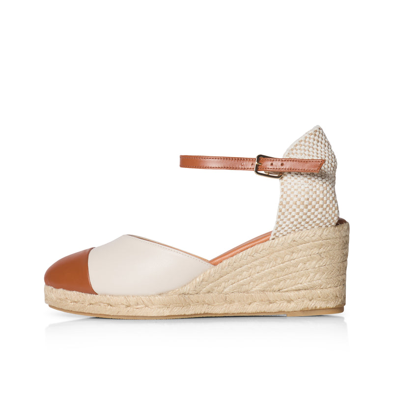 Emily - Wide Fit Wedge Espadrille - Cream & Tan Leather