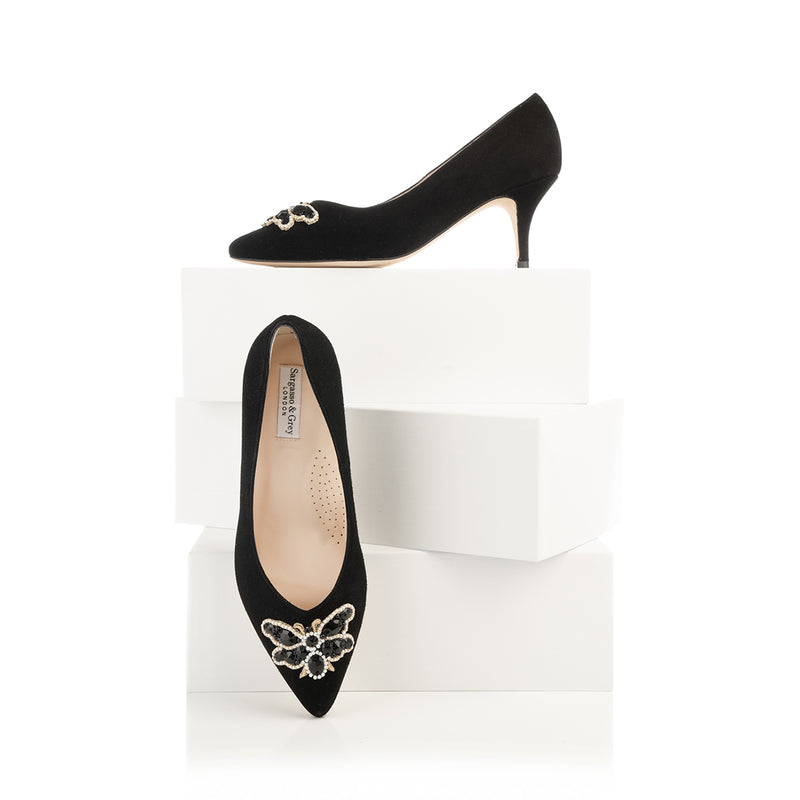 PAST SEASON SECONDS - Ella Embellished Court Shoe - Black Suede (SAMPLE SALE)