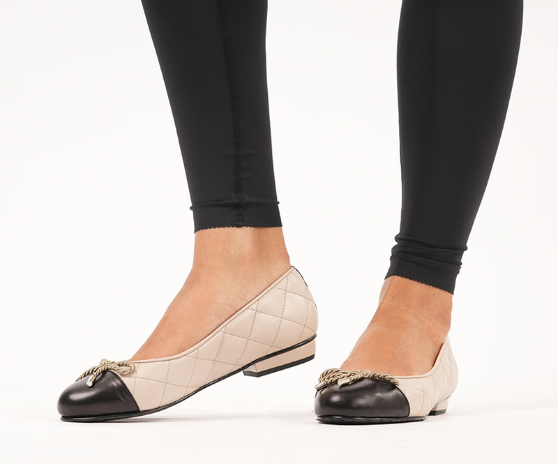 Alice Wide Fit Ballet Flats - Black & Beige Quilted Leather
