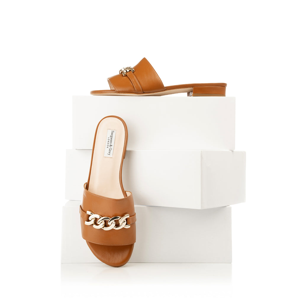 Wide Fit Chain Sliders Tan Leather